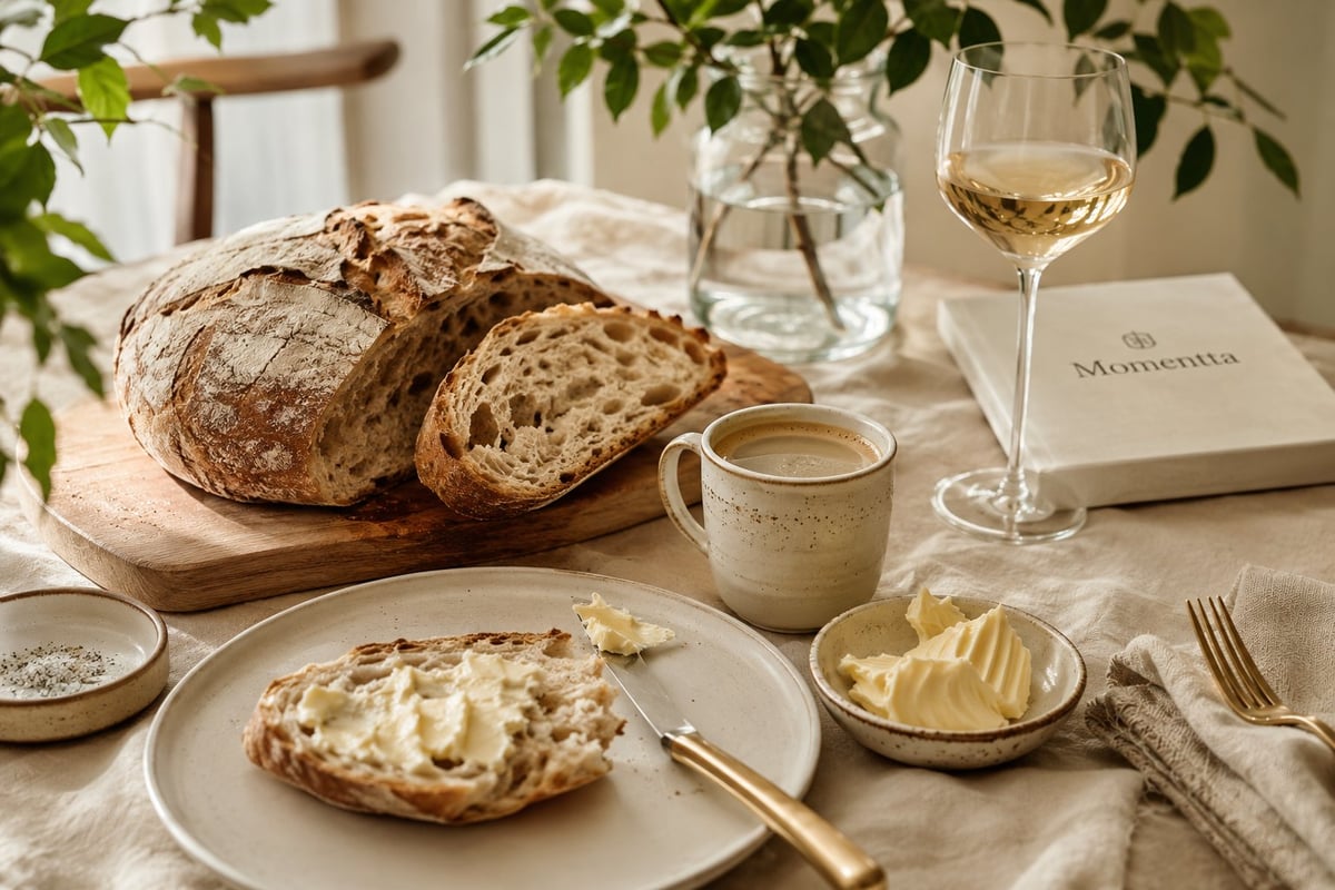 Mesa de desayuno rústica con pan artesanal rebanado, mantequilla, copa de vino blanco, café y un libro de momentta bajo follaje verde