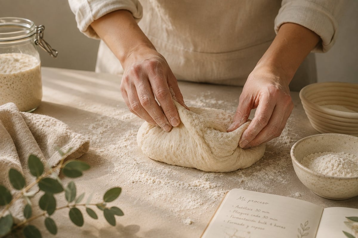 Manos amasando masa sobre una superficie espolvoreada con harina, junto a un frasco de masa madre y una tarjeta de receta