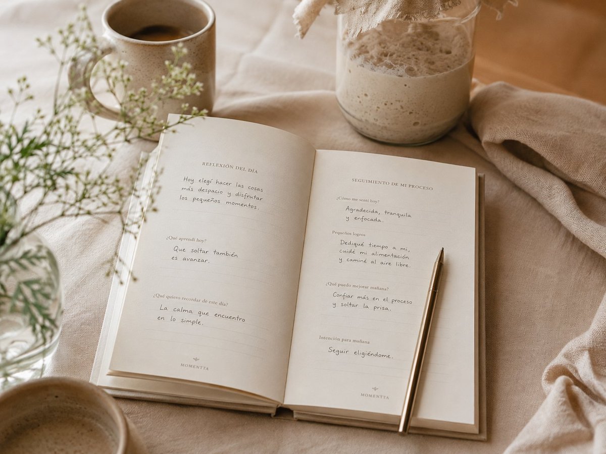 Un libro abierto sobre una tela beige, junto a una taza de café, un florero de cerámica con flores, un bolígrafo y una tela de color crema