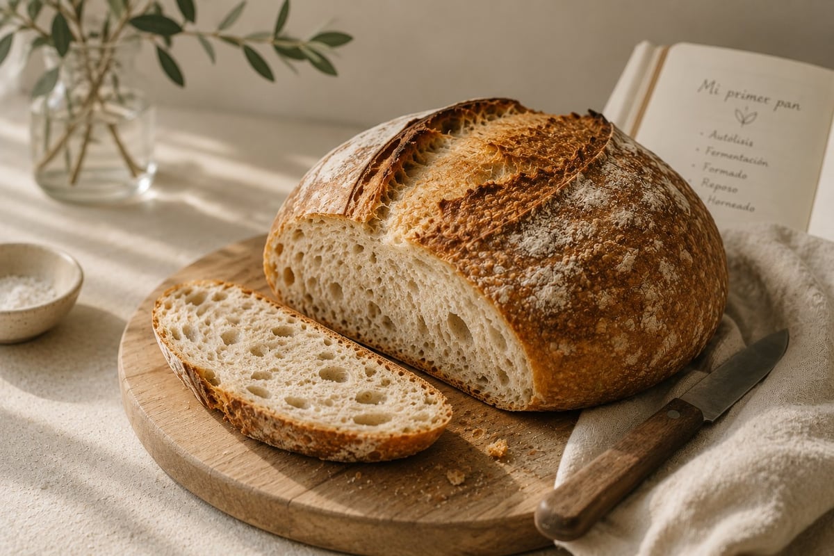 Hogaza de pan artesanal recién horneada y rebanada sobre una tabla de madera, con harina espolvoreada, flores y una tarjeta de receta sobre lino crema