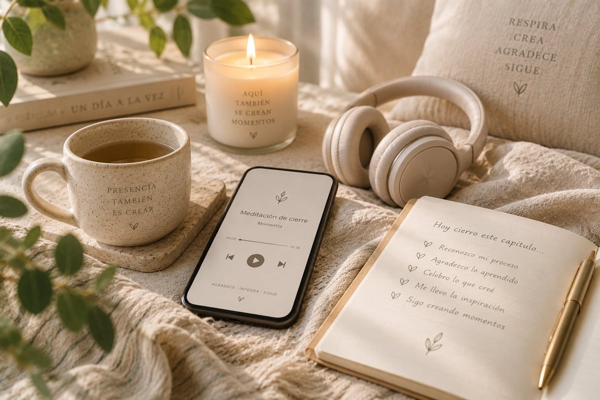 Momento de ritual y pausa: una vela, auriculares, una taza de café, libros y plantas sobre una tela beige