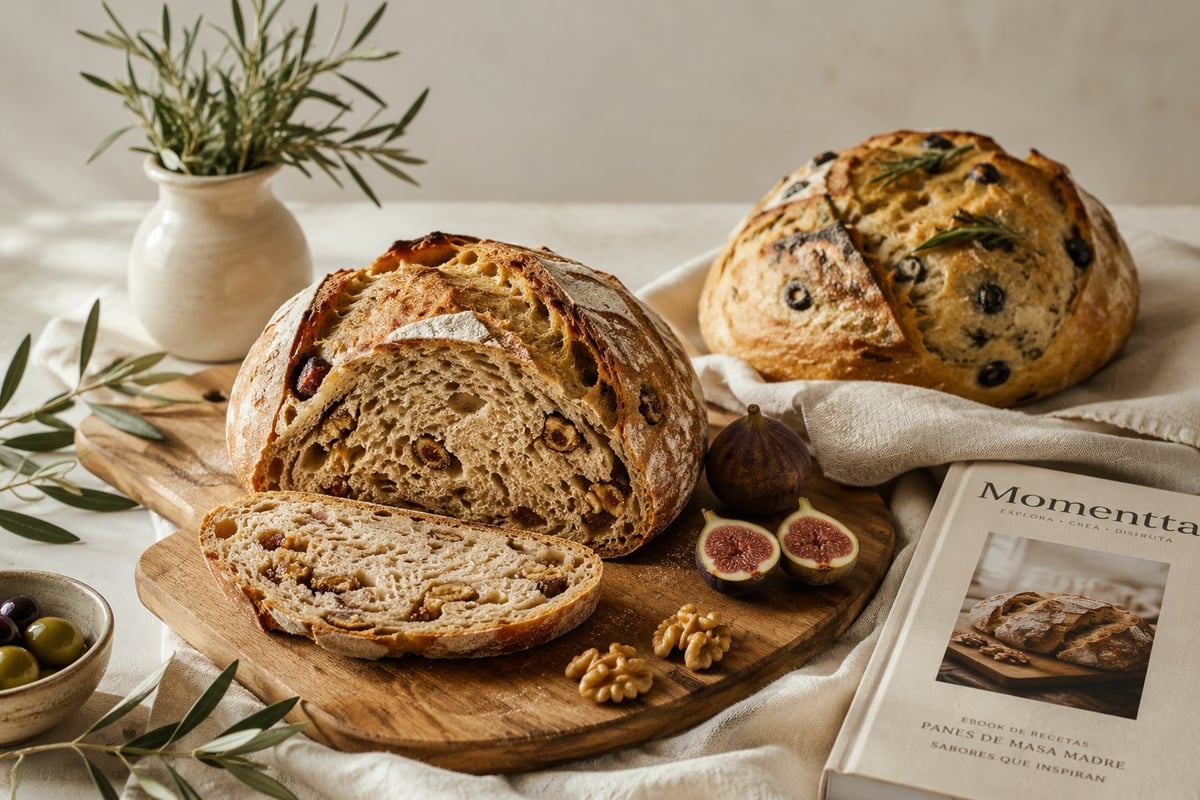 Hogazas de pan artesanal con higos, nueces y romero sobre una tabla de madera, junto a un libro de momentta y un jarrón con hierbas
