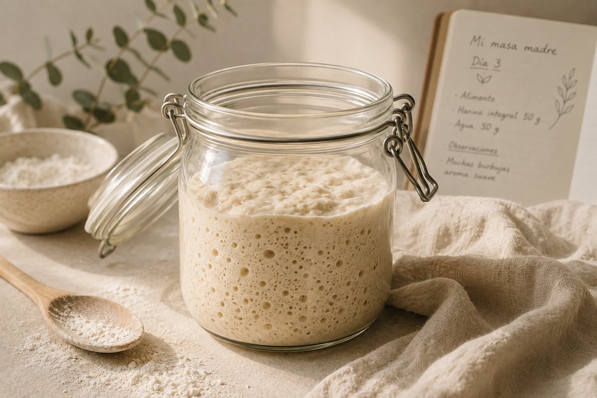 Frasco de vidrio con masa madre activa y burbujas, con harina, cuchara de madera y una tarjeta de receta sobre fondo neutro